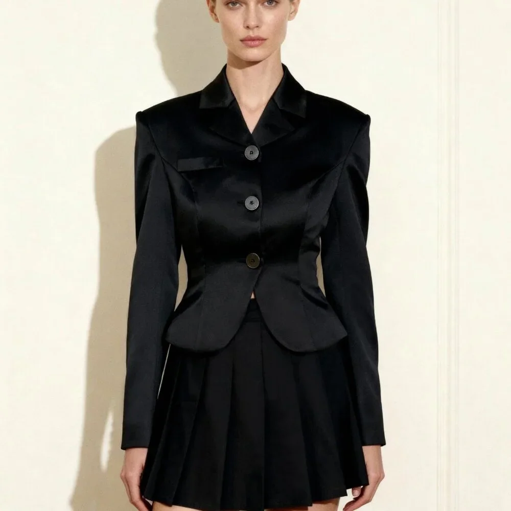 JW Pei Satin Sculpted Waist Cropped Blazer - Black - Picture 1 of 3
